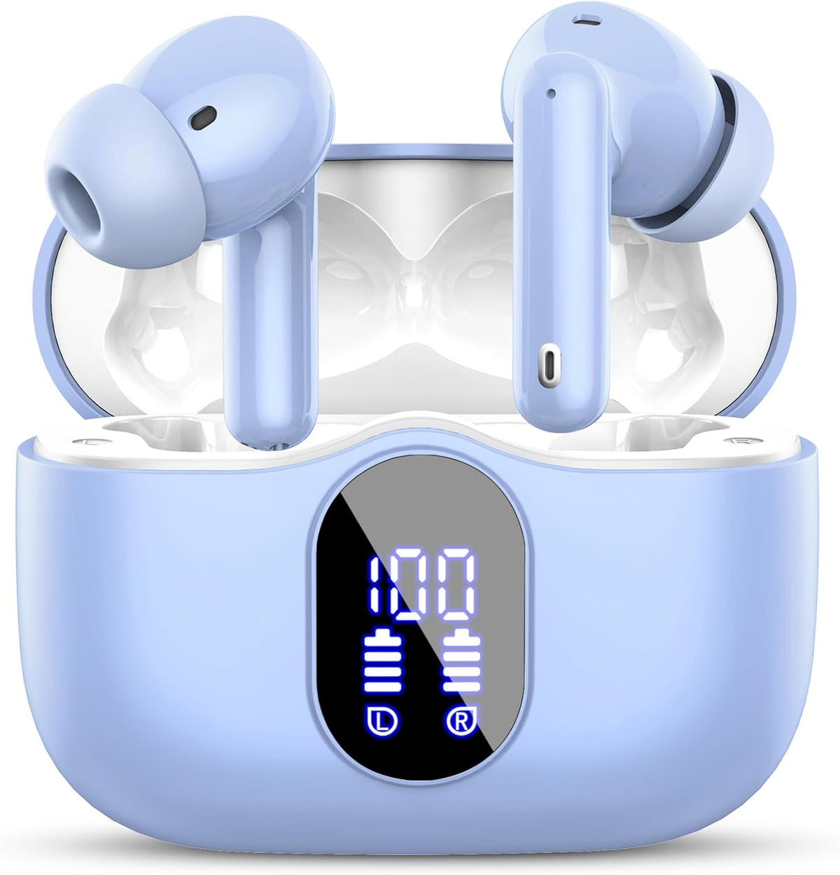 Blue wireless earbuds with charging case on a white background