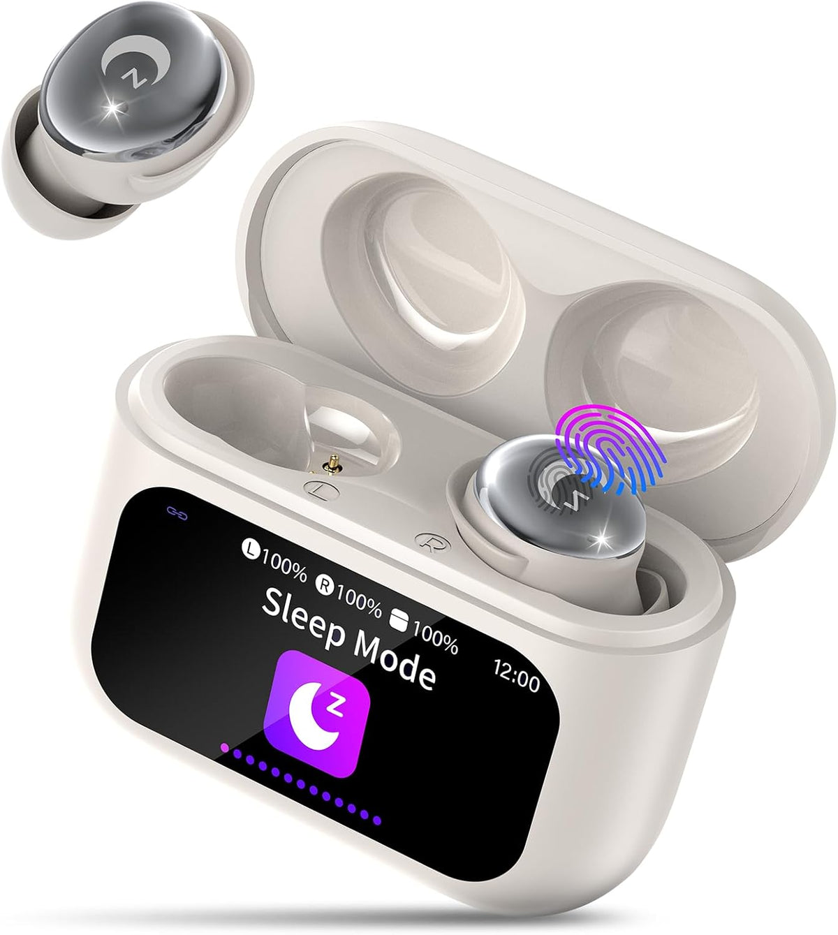 Wireless earbuds with charging case displaying 'Sleep Mode' on a white background